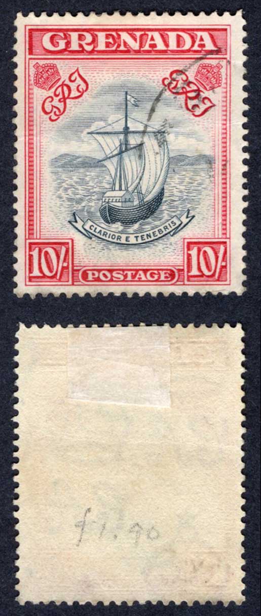 Grenada SG163e 10/- Perf 14 Blue-black and carmine (narrow) used Cat 28 pounds