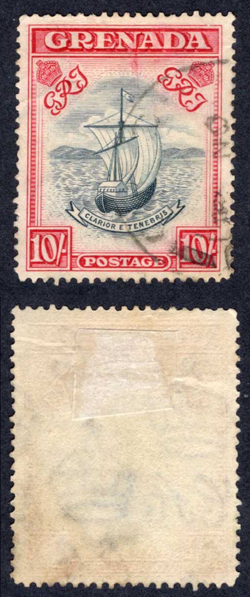 Grenada SG163e 10/- Perf 14 Blue-black and carmine (narrow) used Cat 28 pounds