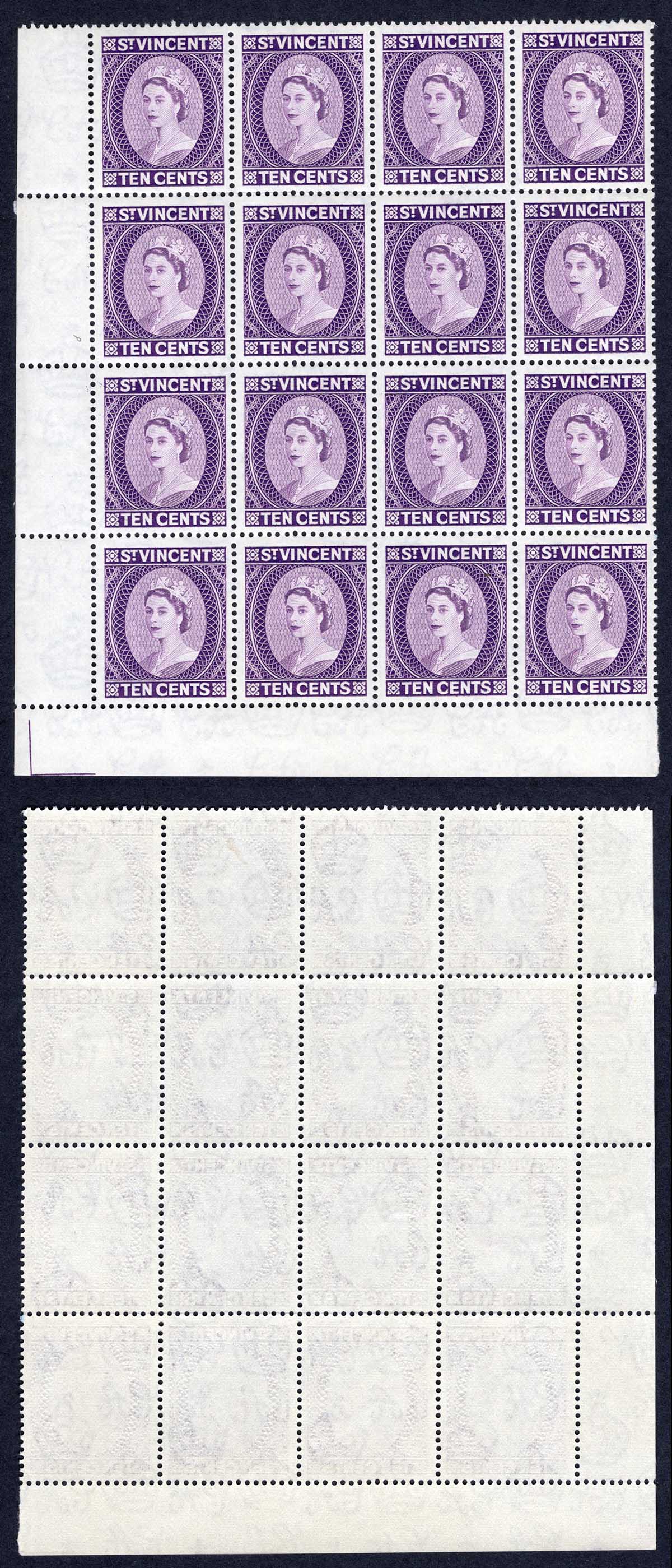 St Vincent SG194a 10c Deep Lilac U/M Block of 16 Cat 44 Pounds