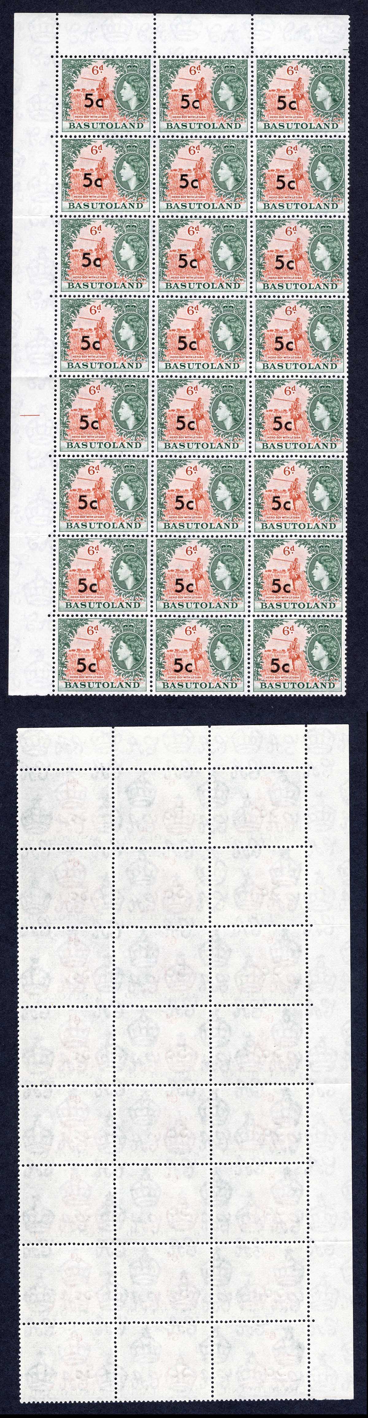 Basutoland SG63 5c on 6d (Type I) Block of 24 U/M Cat 33.60 Pounds