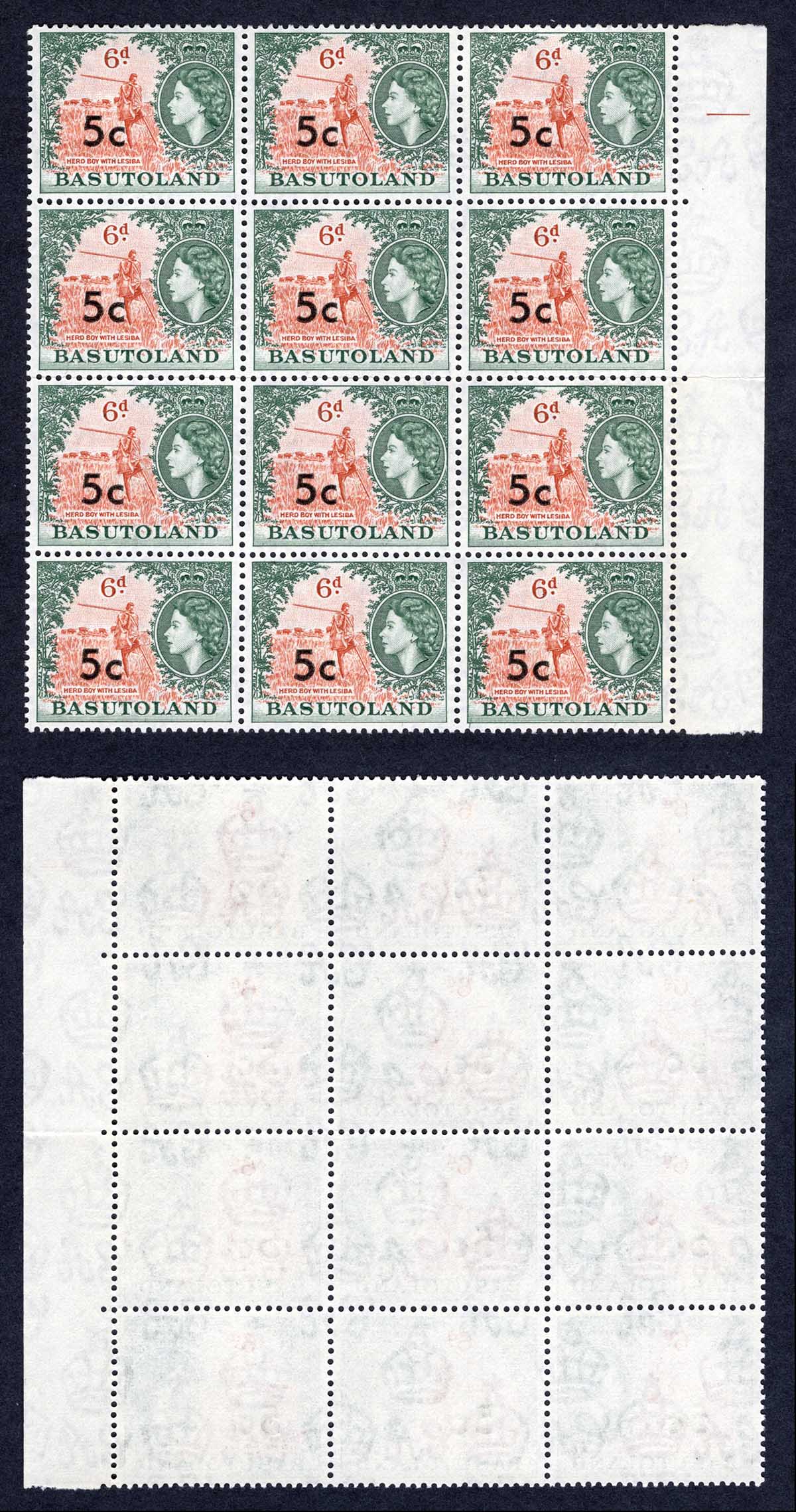 Basutoland SG63 5c on 6d (Type I) Block of 12 U/M Cat 16.60 Pounds