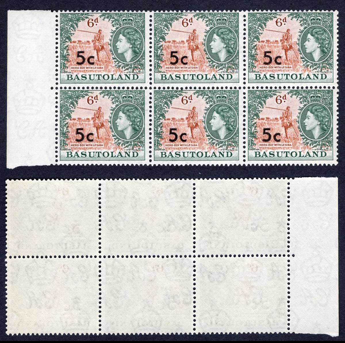 Basutoland SG63 5c on 6d (Type I) Block of 6 U/M Cat 8.40 Pounds