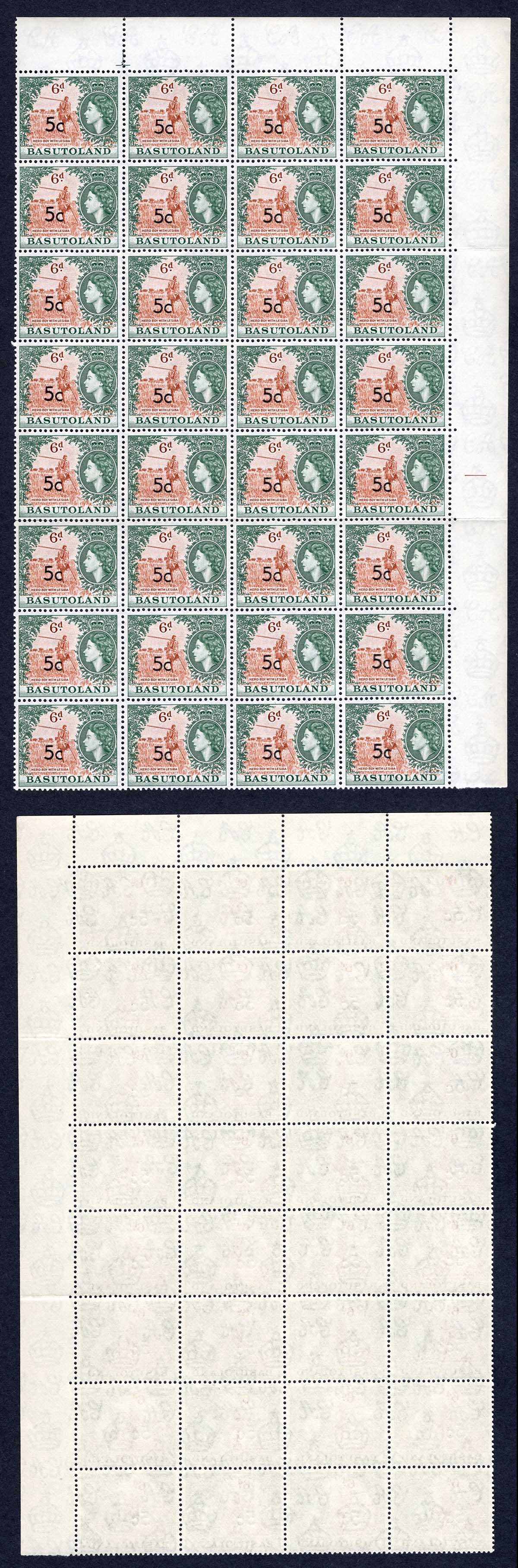 Basutoland SG63a 5c on 6d (Type II) Block of 32 U/M Cat 32 pounds