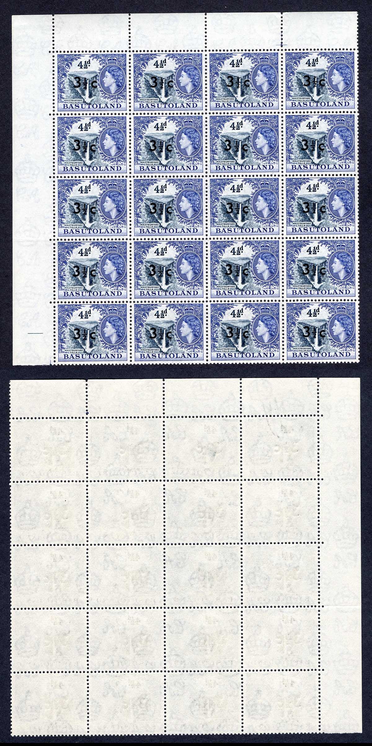 Basutoland SG62 3 1/2c on 4 1/2d (type I) U/M Block of 20