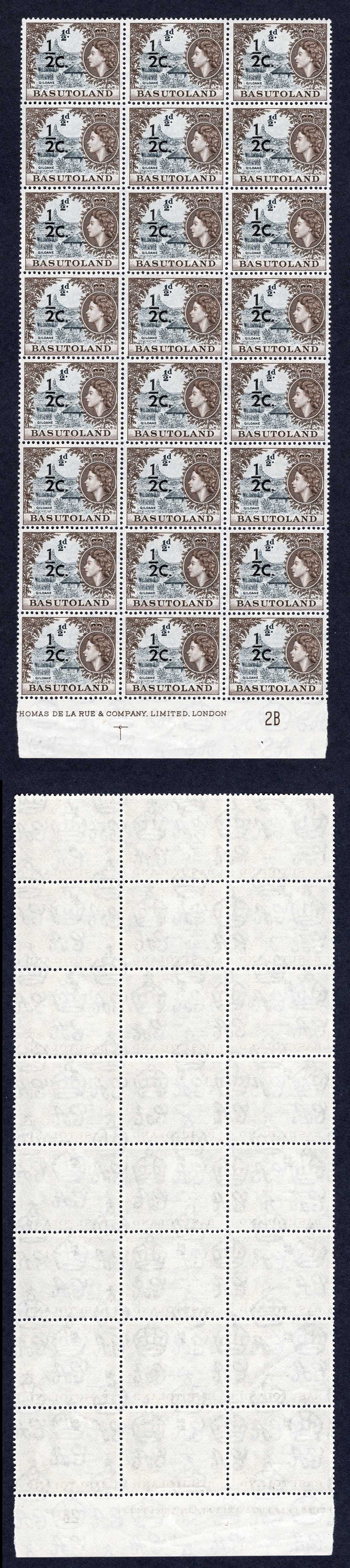 Basutoland SG58 1/2c on 1/2d U/M Plate Block of 24