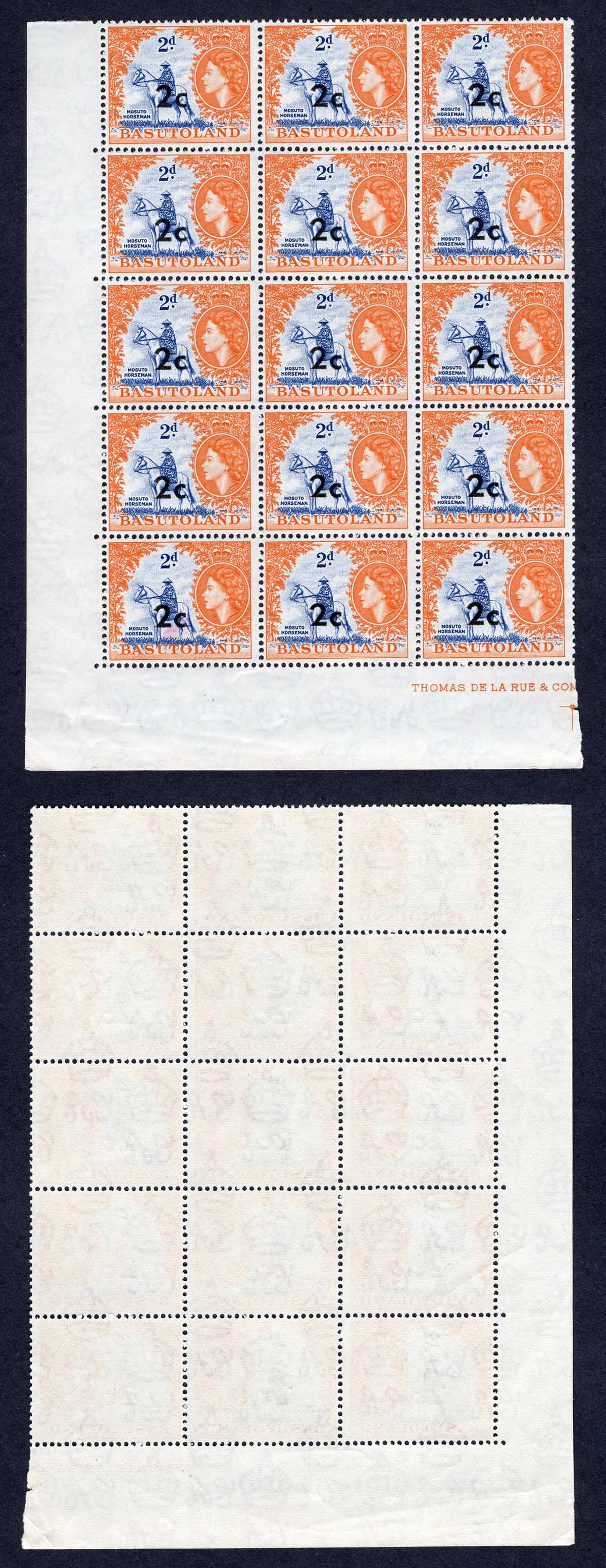 Basutoland SG60 2c on 2d U/M Block of 15 Cat 22.50 Pounds