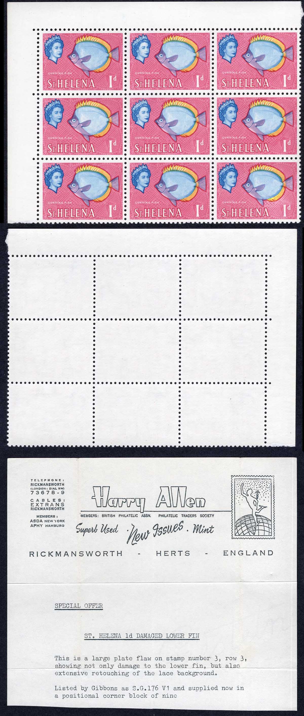 St Helena SG176 1d Variety Damage to lower fin and retouch background U/M