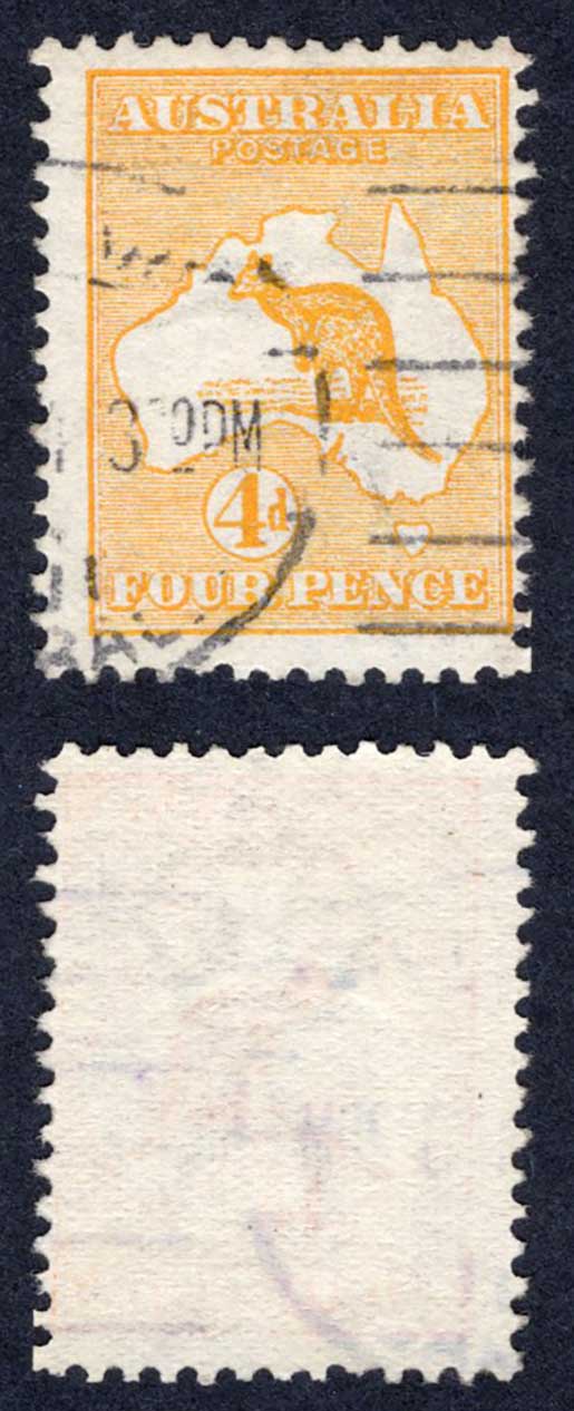 Australia SG6 4d Orange Kangaroo Wmk Wide Crown used Cat 27 Pounds