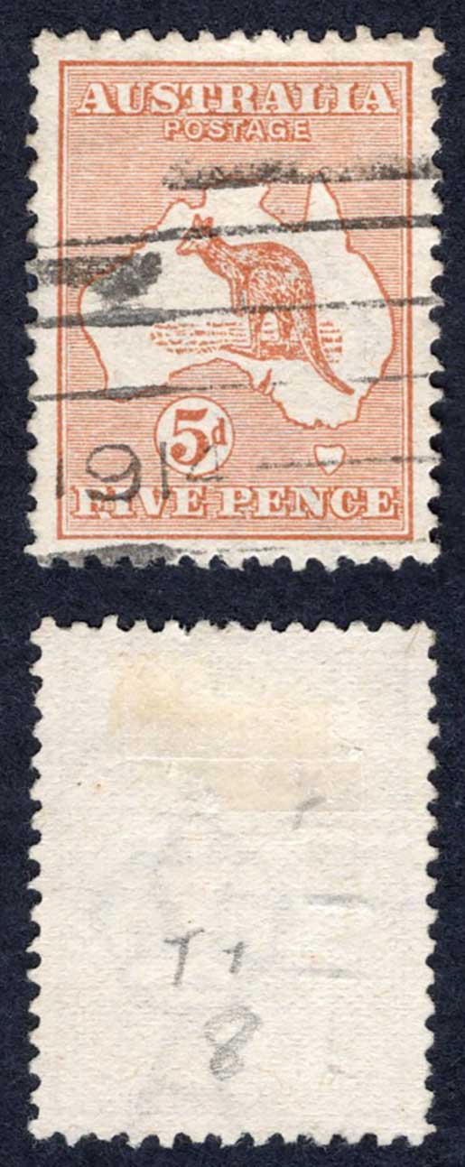 Australia SG8 5d Chestnut Kangaroo Wmk Wide Crown used Cat 48 Pounds