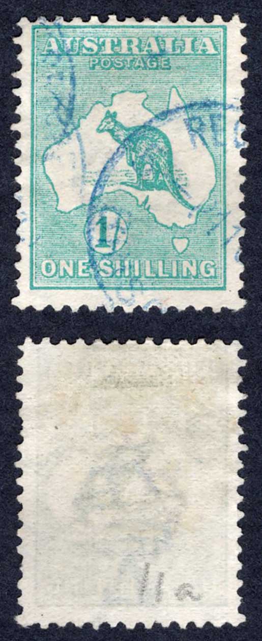 Australia SG11a 1/- Blue-green Kangaroo Wmk Wide Crown used Cat 30 Pounds