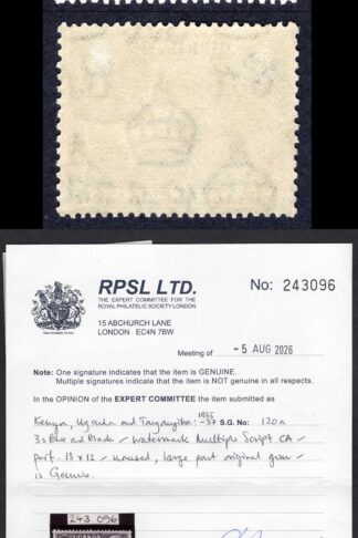 KUT SG120a 3/- Perf 13 x 12 Superb Mint RPS Cert Cat 2500 pounds A RARE Stamp