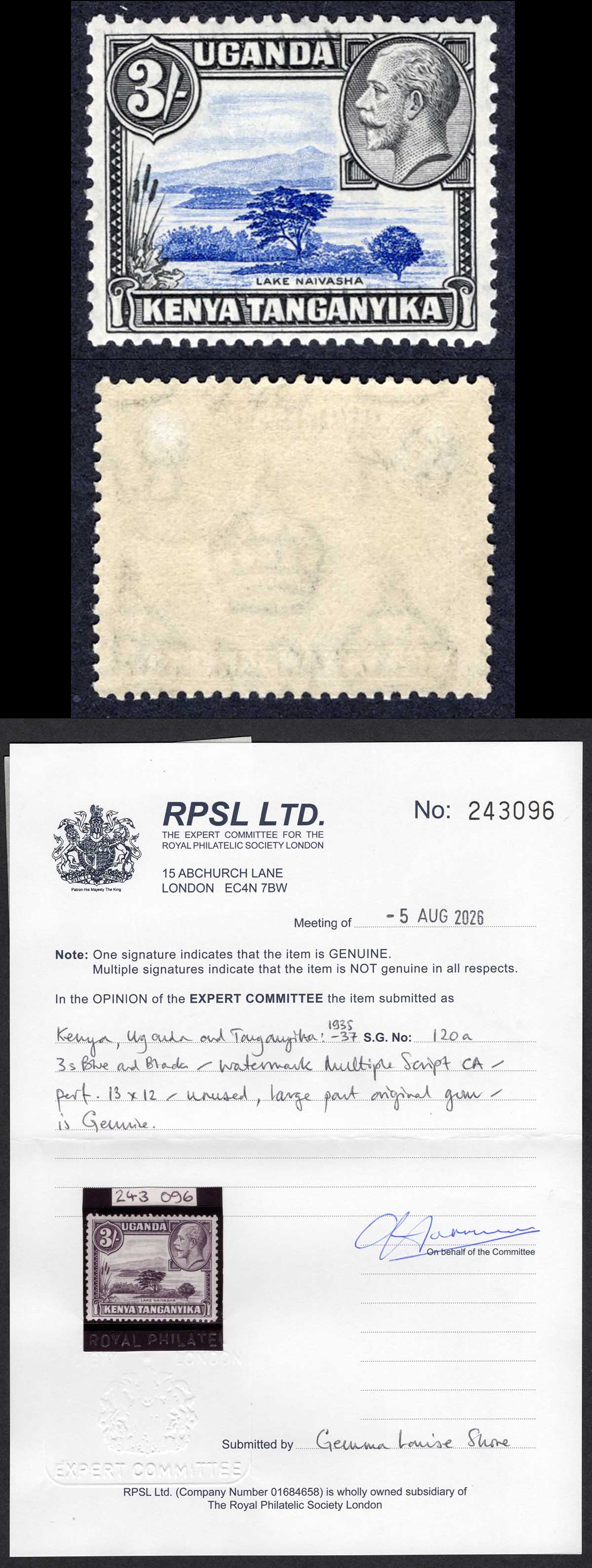 KUT SG120a 3/- Perf 13 x 12 Superb Mint RPS Cert Cat 2500 pounds A RARE Stamp