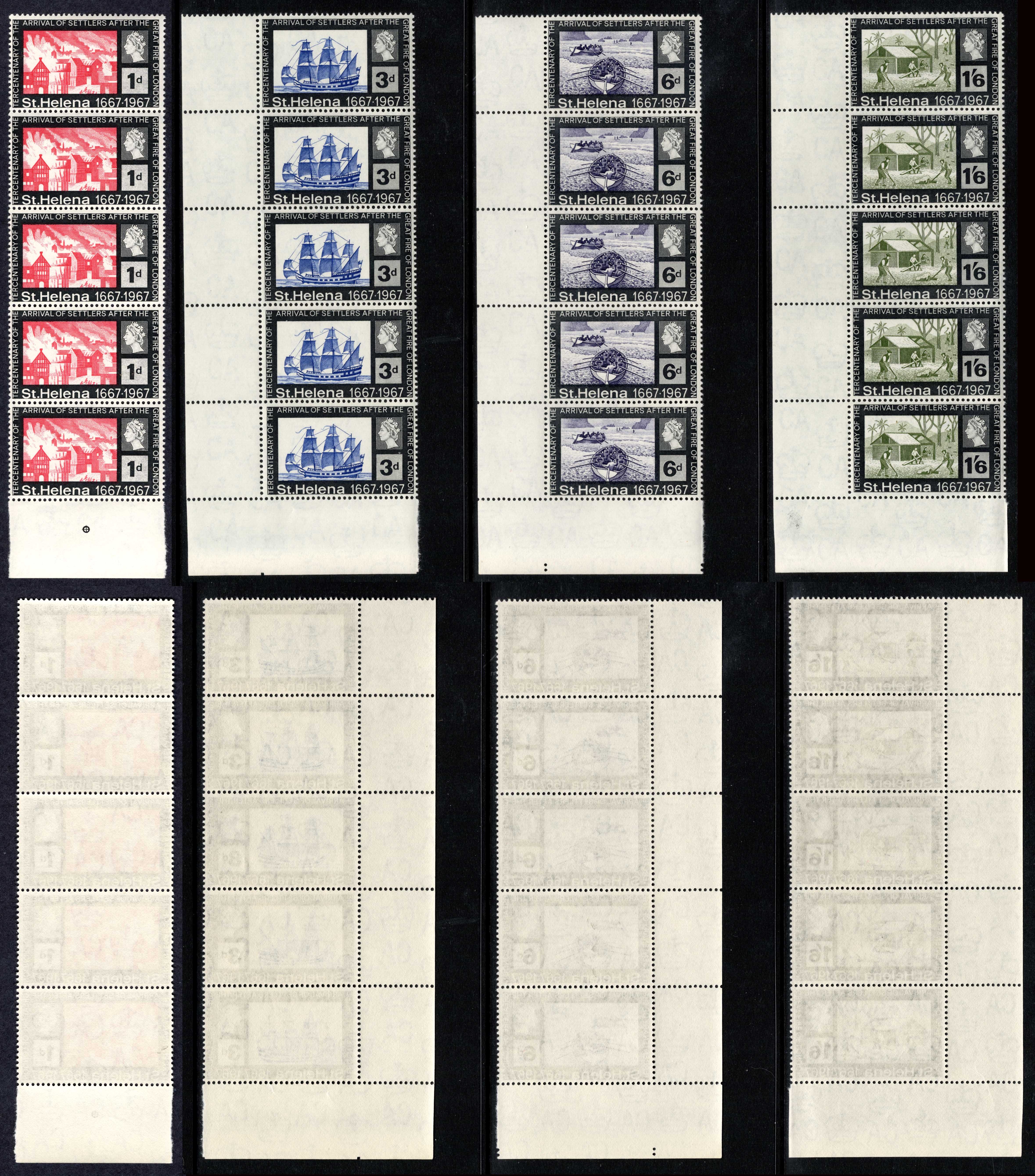 St Helena SG214/7 1969 Fire of London set of 4 in Strips of 5 U/M Cat 25 pounds