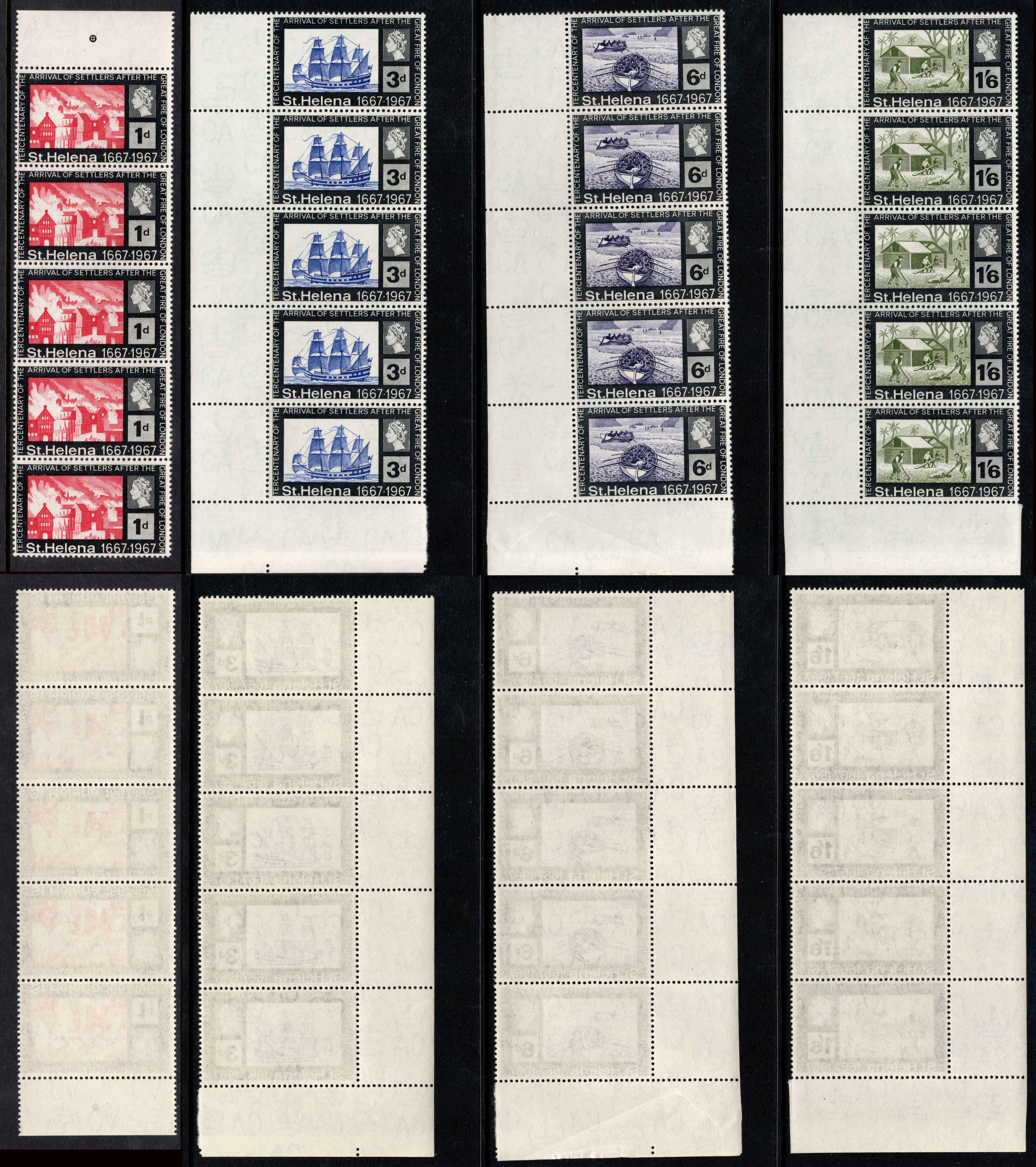 St Helena SG214/7 1969 Fire of London set of 4 in Strips of 5 U/M Cat 25 pounds
