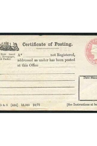 CPP1a QV 1/2d Pink Certificate of Posting Imprint on Front and 4 line for Addre