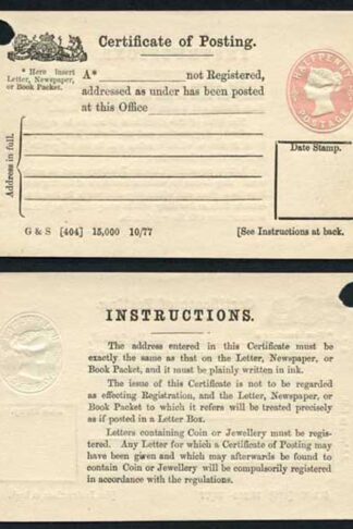 CPP1a QV 1/2d Pink Certificate of Posting Imprint on Front and 4 line for Addre