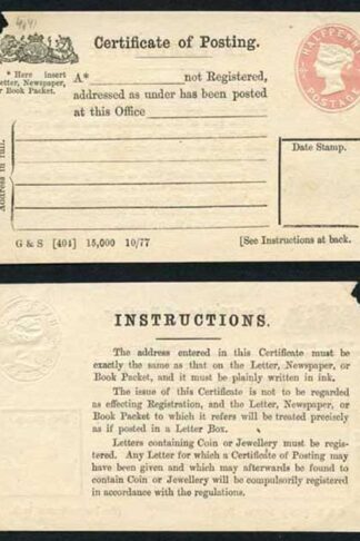 CPP1b QV 1/2d Pink Certificate of Posting Imprint on Front and 5 line for Addre