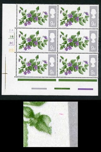 Spec W117b 1967 9d Flowers (Ord) with Notch in Leaf Variety Cyl Block of 6 U/M
