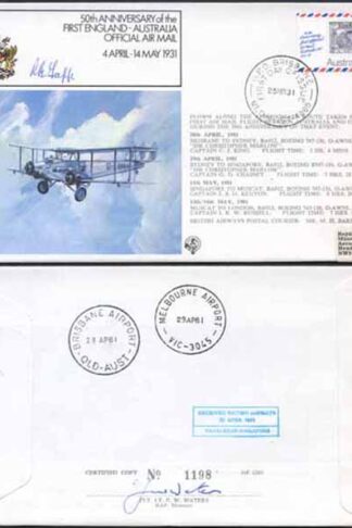 FF28c 50th Ann 1st England-Australia Official Airmail Signed by R.B. Tapp (A)