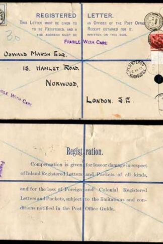 RP27 KGV 3d Red Brown Registered Envelope (with W) SIZE K USED with 1d Downey R