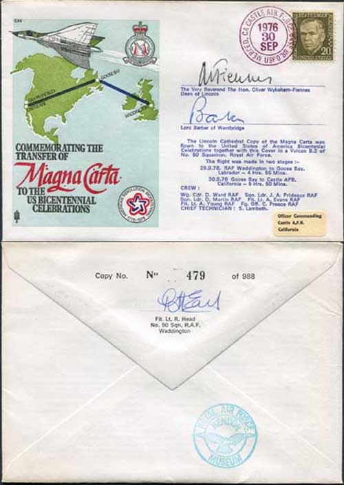 C44c Transfer of Magna Carta Signed Wykeham-Fiennes and Lord Barber (A)