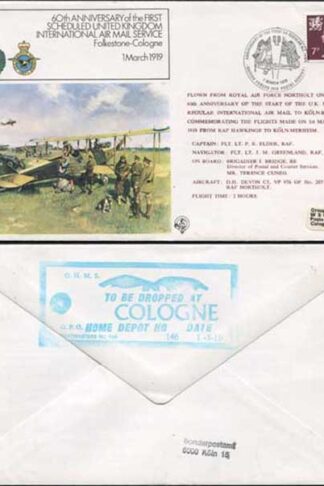 FF1-A 60th Ann of the 1st Scheduled UK int Air Mail Service Standard Cover