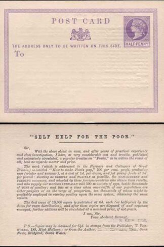 CP1 QV 1/2d Lilac Postcard Size E Self Help for the Poor Printed on reverse