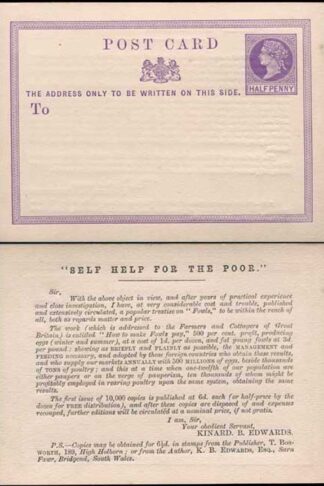 CP1 QV 1/2d Lilac Postcard Size E Self Help for the Poor Printed on reverse