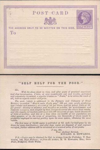 CP1 QV 1/2d Lilac Postcard Size E Self Help for the Poor Printed on reverse