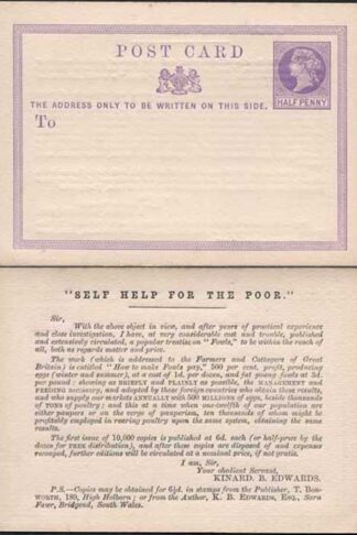 CP1 QV 1/2d Lilac Postcard Size E Self Help for the Poor Printed on reverse