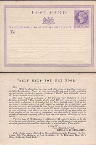 CP1 QV 1/2d Lilac Postcard Size E Self Help for the Poor Printed on reverse