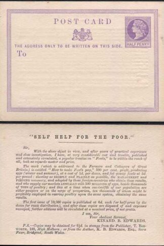 CP1 QV 1/2d Lilac Postcard Size E Self Help for the Poor Printed on reverse