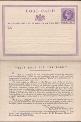 CP1 QV 1/2d Lilac Postcard Size E Self Help for the Poor Printed on reverse