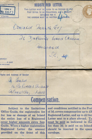 RP59 KGVI 5 1/2d Brown Registered Envelope McCorquodale Imprint Size H used