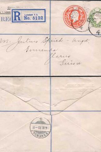 ESC681 KEVII 1/2d yellow Green and 4d Stamped to Order Registered Envelope Used