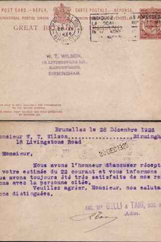 CP80 1 1/2d reply card return part used from Brussels