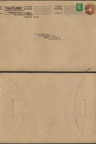 ES53 KGVI 1 1/2d red brown on printed NATURE Macmillan and co envelope