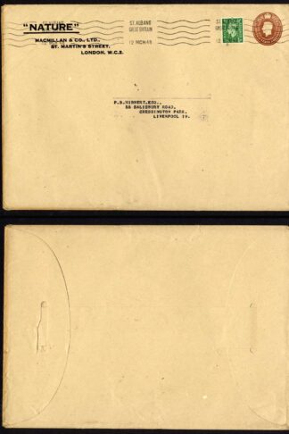 ES53 KGVI 1 1/2d red brown on printed NATURE Macmillan and co envelope