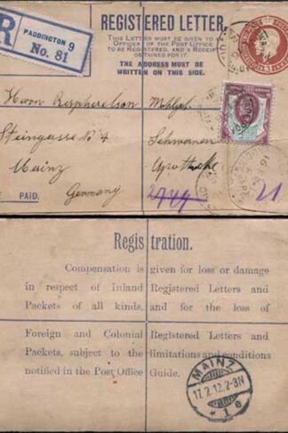 RP27b KGV 3d Registered Envelope W Below Neck Size F uprated with 1 1/2d
