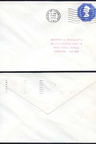 ES107 QEII 3p Blue Envelope used at the House of Commons with Seal embossed on