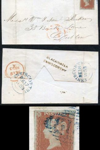 1841 Penny Red (AI) 212 in Blue and Blackwater Enniscorthy S/Line Pmk on Cover