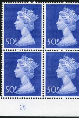 UC10 50p Deep Ultramarine Bradbury Paper Plate 28 Block of Four U/M