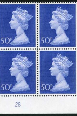 UC10 50p Deep Ultramarine Bradbury Paper Plate 28 Block of Four U/M