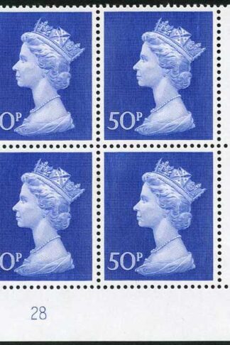 UC10 50p Deep Ultramarine Bradbury Paper Plate 28 Block of Four U/M