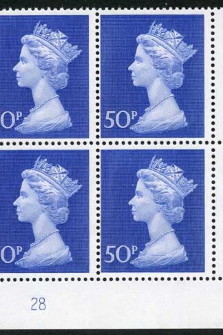 UC10 50p Deep Ultramarine Bradbury Paper Plate 28 Block of Four U/M