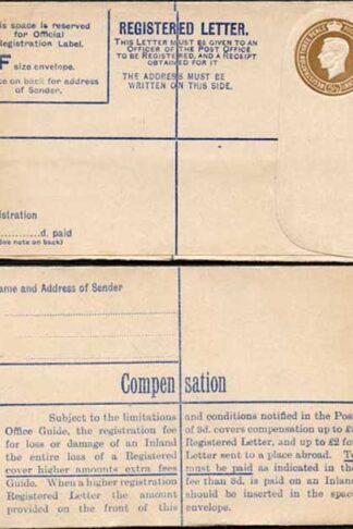 RP59 KGVI 5 1/2d Brown Registered Envelope McCorquodale Imprint Size F Mint