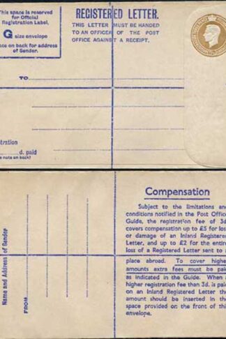 RP66 KGVI 5 1/2 Brown Registered Envelope Size G Mint