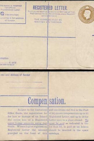 RP59 KGVI 5 1/2d Brown Registered Envelope McCorquodale Imprint Size G Mint