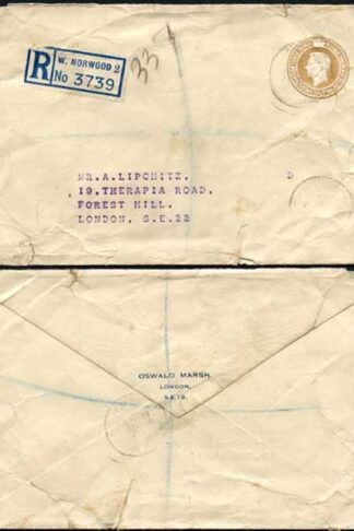 RS3 KGVI 5 1/2d Brown Stamped to Order Registered Envelope USED RARE