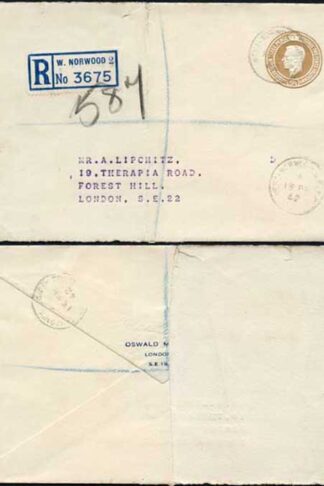 RS3 KGVI 5 1/2d Brown Stamped to Order Registered Envelope USED RARE